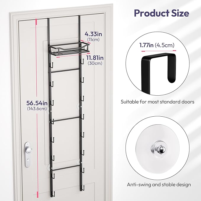 SWTYMIKI Over The Door Purse Organizer - Wall Mounted Purse Rack with 16 Hooks and Metal Basket, Handbag Hanger Organizer Hol