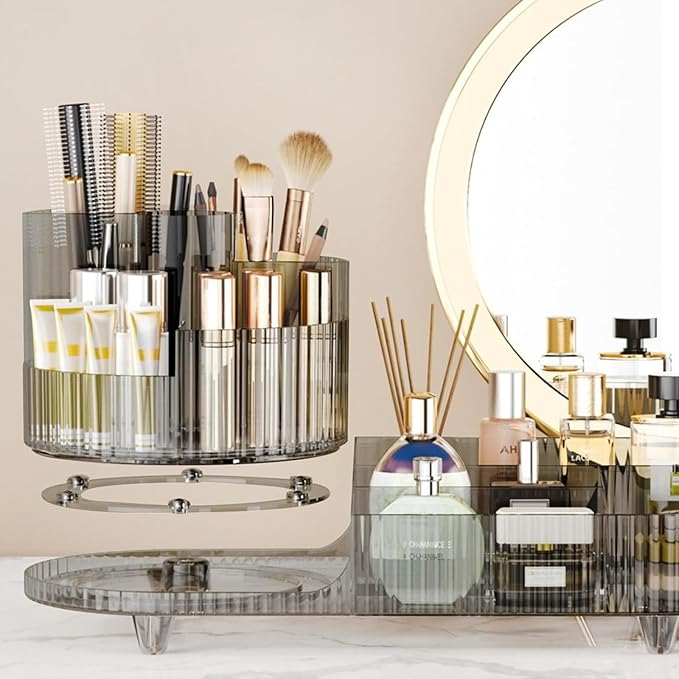 Rotating Makeup Organizer for Vanity with Brush Holder, Cosmetic Makeup Storage Organizer, Large Spinning Makeup Skincare Org