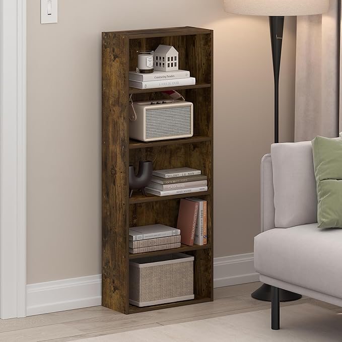 Furinno Basic Book Shelf, 5-Tier Bookshelf, Storage Organizer Bookcase with Open Shelf, 7 x 17 x 44, for Living Room, Bedroom