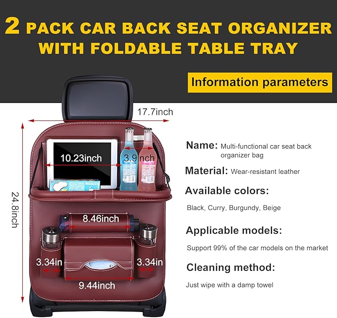 2 PCS Car Seat Back Pocket, Waterproof Leather Auto Back seat Organizer for Kids, Upgraded Car Organizer with Tablet Holder Pockets, Universal Interior Car Accessories (Wine Red)