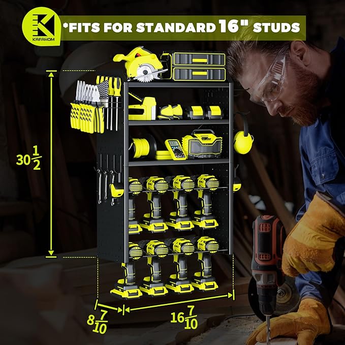 KAFAHOM Power Tool Organizer,Large 8 Drill Holder Wall Mount with 2 Side Pegboards,5 Layer Metal Tool Storage Rack with 12 Ho