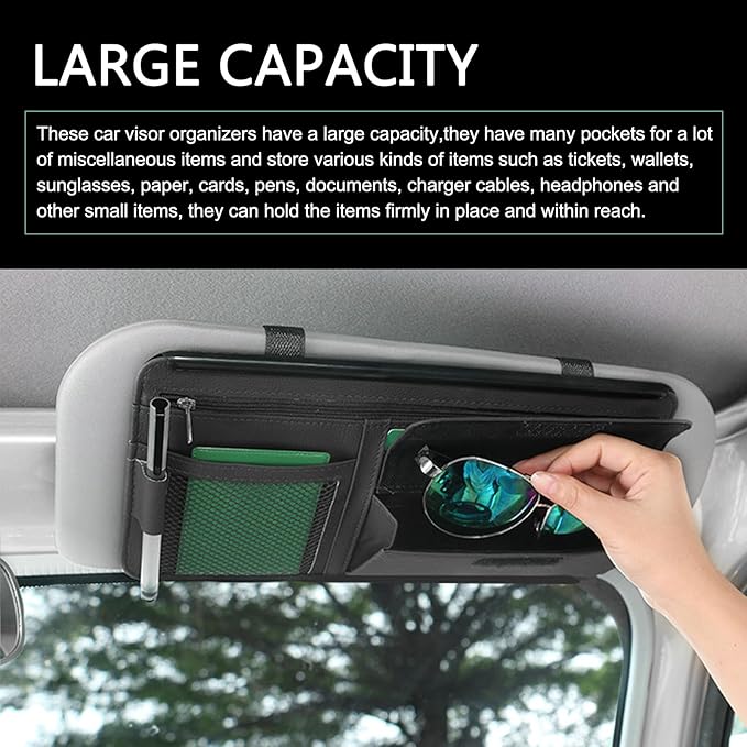MLY Car Sun Visor Organizer, Leather Sunglasses Note Pen Card Holder with Multi-Pocket Net Zipper Storage Bag, Scratch-Resistant Car Sun Visor Organizer for Truck, Cars Interior Accessories (Black)