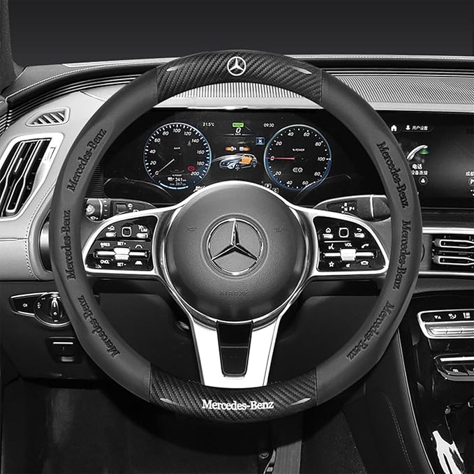 Car Steering Wheel Cover Fusion Carbon Fiber Premium Leather Non-Slip, Breathable, Trendy Accessories with Car Accessories (New-Black)