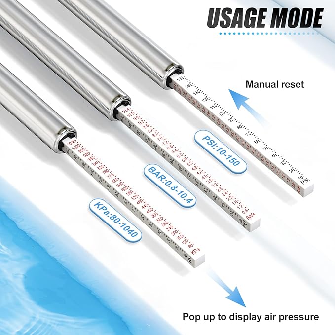 MEANLIN MEASURE Silver Double Straight Type Tire Pressure Gauge，Dual Head Air Pressure Gauge 10Pcs，Pressure Range 10-150 Psi(Suitable for Trucks, etc.
