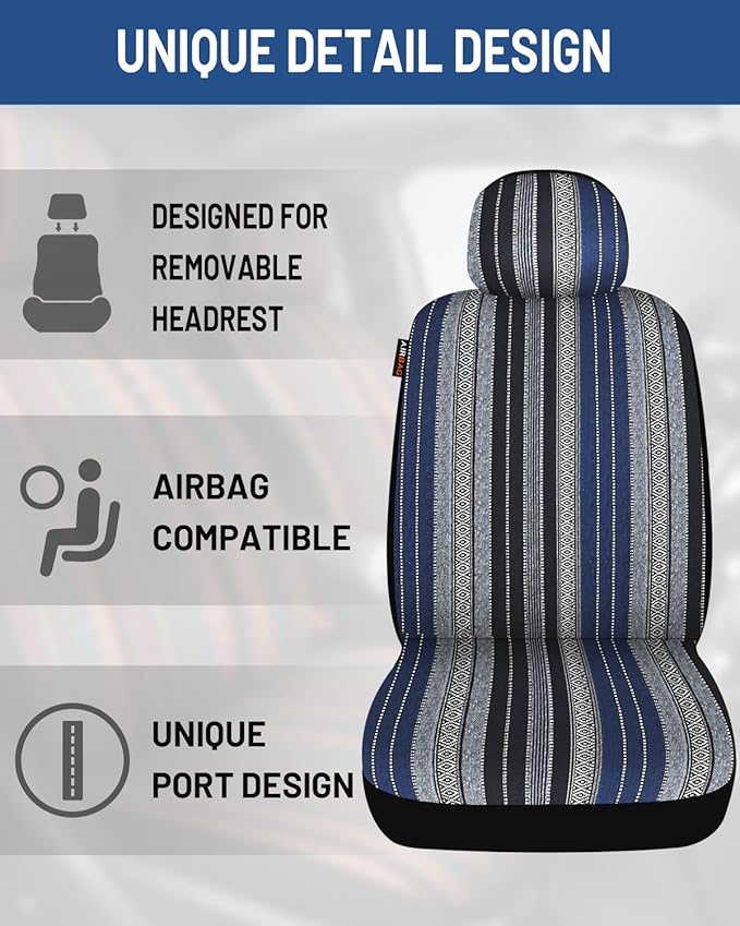 Baja Saddle Blanket Car Seat Covers Front Set with Seat Belt Pads, Washable Breathable Striped Woven Cloth Seat Covers for Ca
