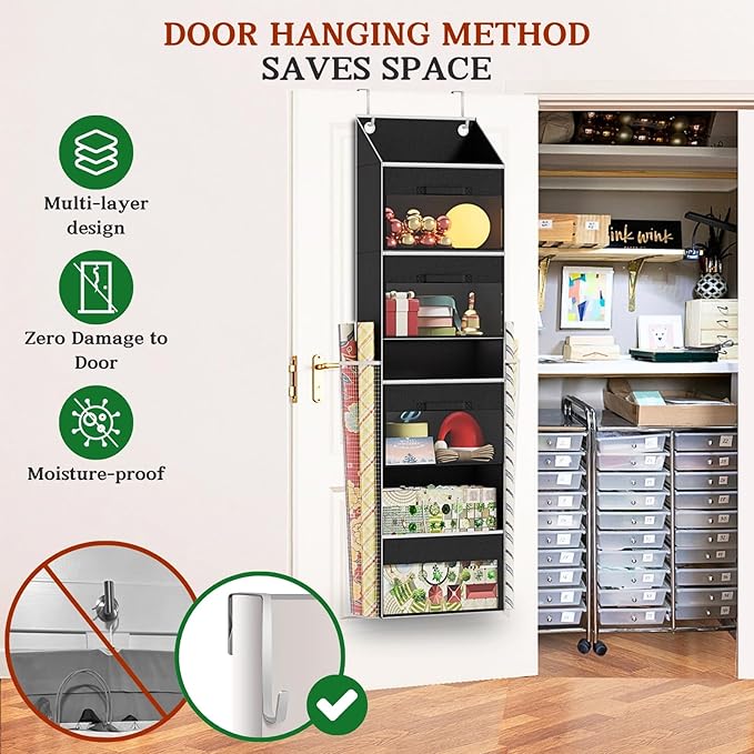 Black Over Door Wrapping Paper Organizer Storage with 3 Removable Drawers & Side Pockets – Dual Use Design with Elastic Strap