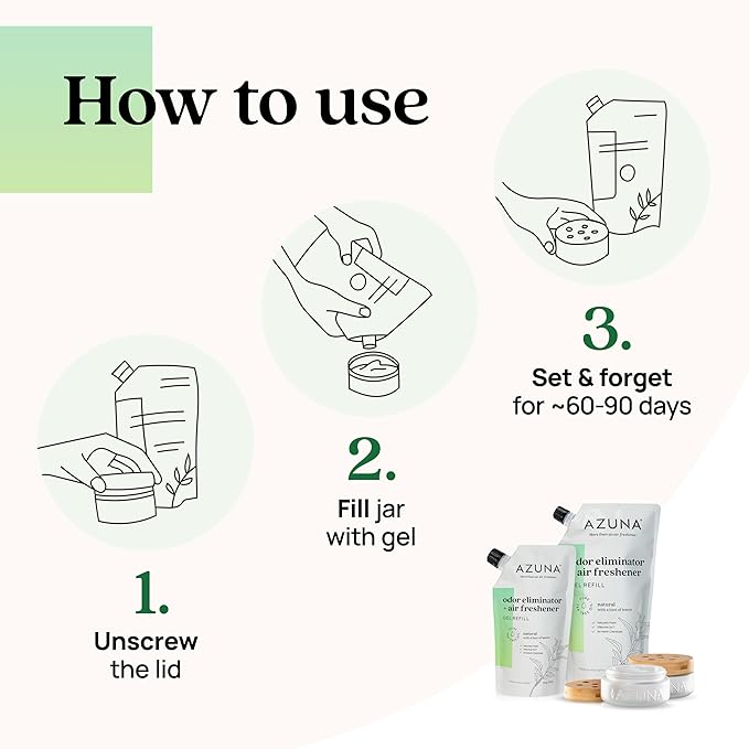 Azuna Air Freshener & Odor Eliminator for Strong Odor | 2 Room Kit Includes (2) 8 oz. Empty Luxe Glass Jars & 12 oz | Refill 