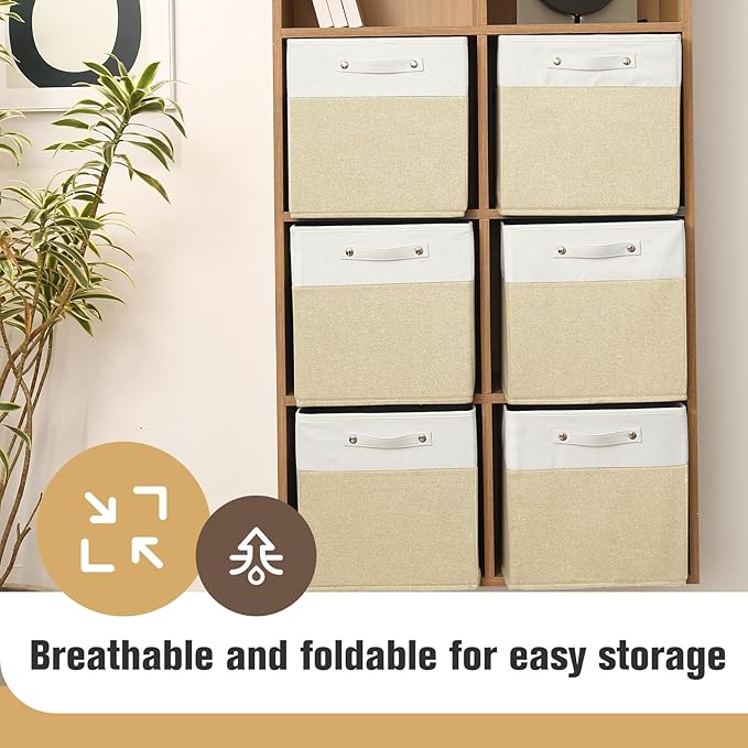 FinishingBo 13 x 13 Inch Fine Linen Storage Bins with Handles，Fabric Cube Boxs，Basket Organizers for Shelves for Home, Closet
