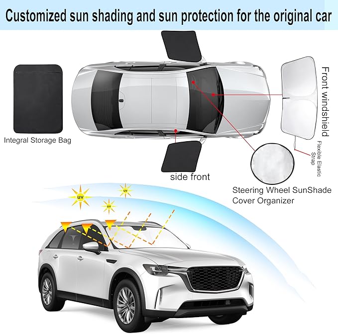 3PCS Car Window Shades Front Windshield Sun Shade Foldable Window Shade Custom Fit for Mazda CX-9 2019-2026 Accessories Car Shades for Front Windows Anti-UV Rays Block Heat