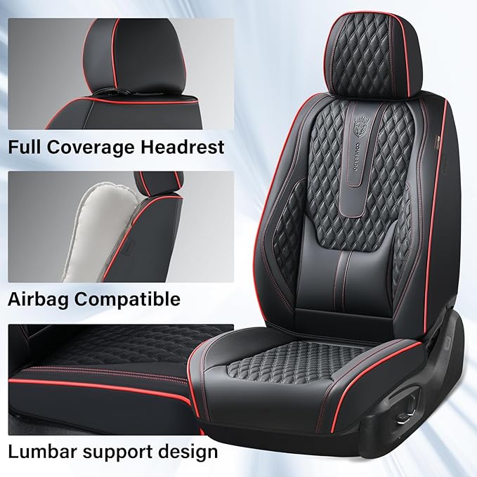 Coverado Car Seat Covers Full Set, Nappa Leather Seat Covers for Car, Waterproof Car Seat Protector with Lumbar Support, Auto