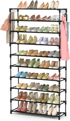 LANTEFUL 10 Tiers Shoe Rack 50 Pairs Large Capacity Tall Shoe Organizer Sturdy Shoe Storage with Two Hooks Space Saving Metal