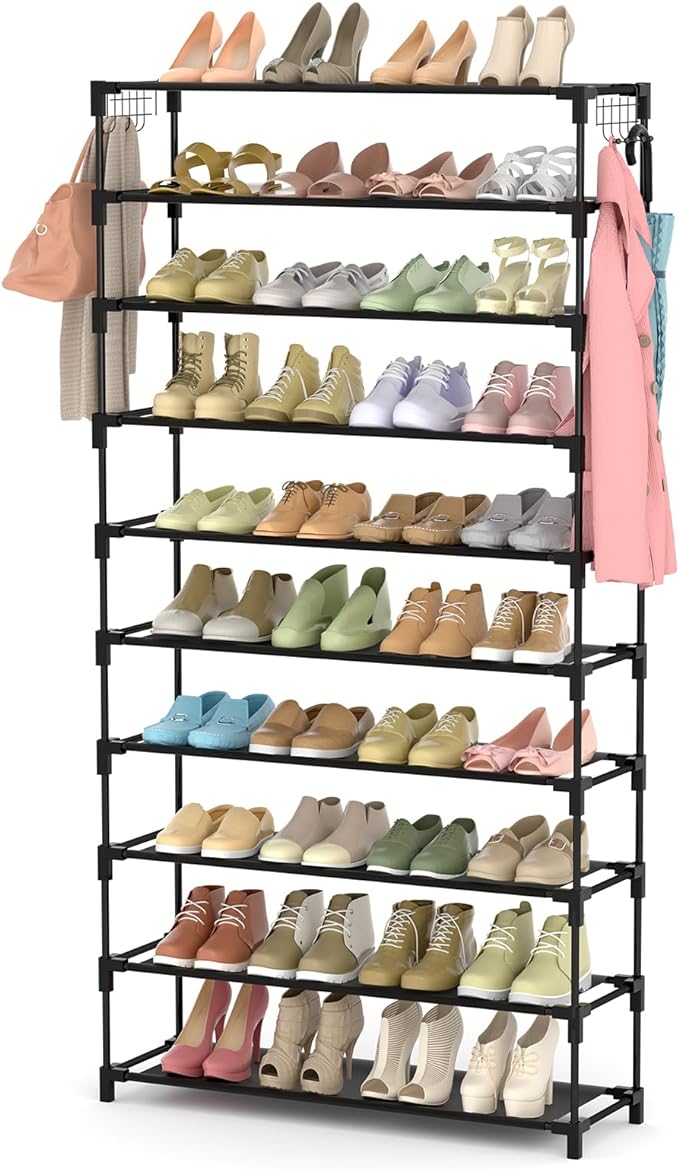 LANTEFUL 10 Tiers Shoe Rack 50 Pairs Large Capacity Tall Shoe Organizer Sturdy Shoe Storage with Two Hooks Space Saving Metal