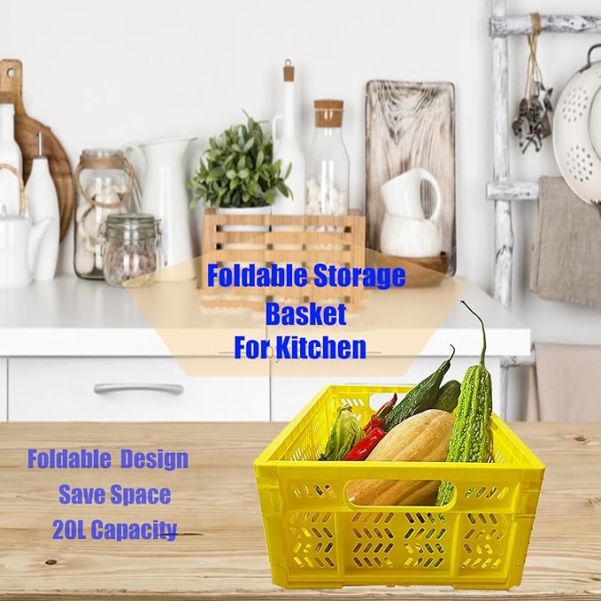 20L Folding Crate, 4Pack Plastic Storage Baskets Organizer for Home and Office,Collapsible Storage Crates for Home Office and