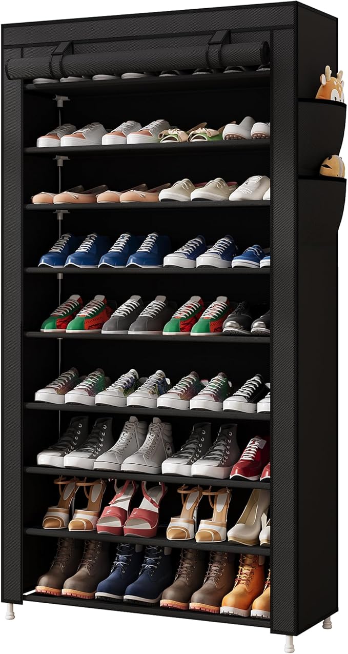 Laiensia 9-Tier Vertical Shoe Rack Organizer, Space Saving Shoe Storage Organizer, Non-Woven Cover Shoe Shelf Holds 36-45 Pai