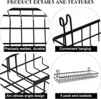 4 Pcs 15.75 x 3.94 x 1.97 Inch Metal Grid Wall Baskets with Hooks Grid Wall Shelves Hanging Wire Basket Multi Function Storag