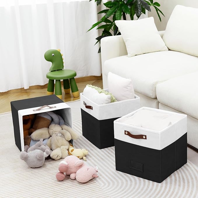 FinishingBo 6-Pack Storage Cubes with Handles & Label Holders Basket, Closet Cube Home Organizer Bins(White/Black, 13 x 13 x 