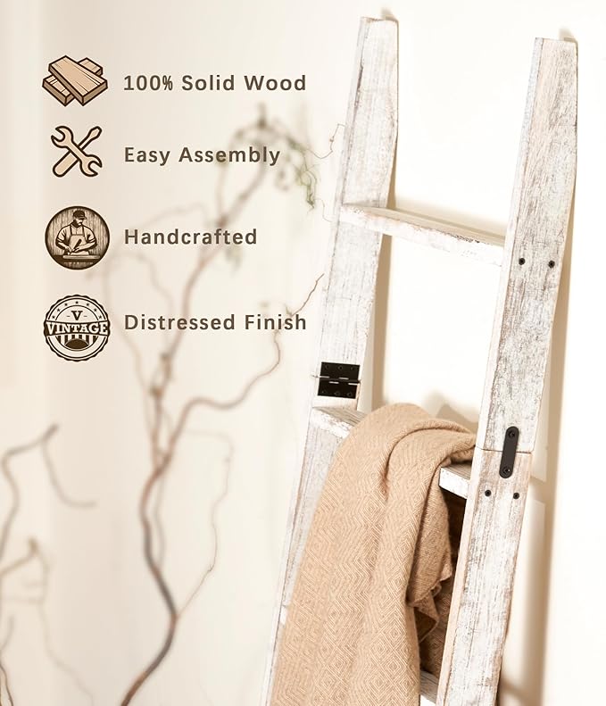 Blanket Ladder for The Living Room 6-Tier, Wooden Decorative Quilt Holder for Bed Room, Wall-Leaning Towel Rack for Bathroom，