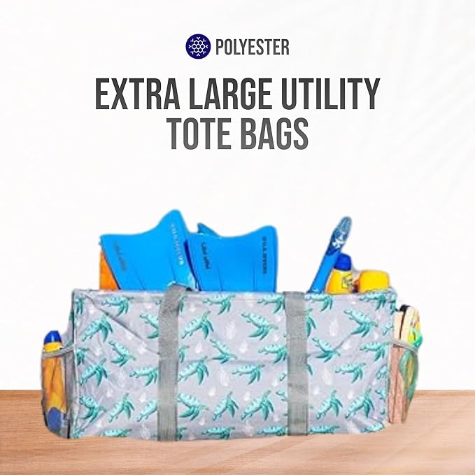 Extra Large Utility Tote Bag - Oversized Collapsible Reusable Wire Frame Rectangular Canvas Basket With Two Exterior Pockets For Beach, Pool, Laundry, Car Trunk, Storage - Turtle