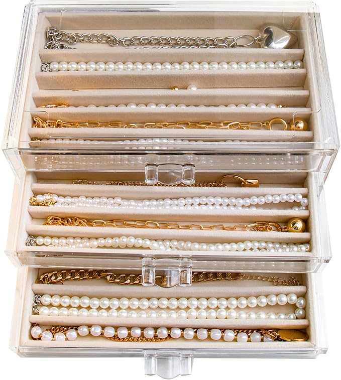YUFONG Necklace Holder Organizer, Dustproof Necklace Box Velvet Necklace Organizer Box with Lid Clear Acrylic Dustproof Stack