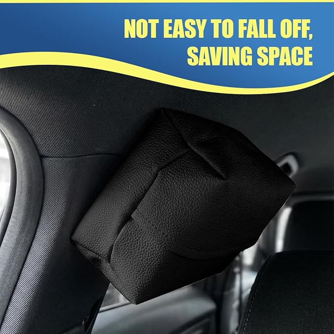 Car Tissue Holder, Leather Auto Headrest Hanging Napkin Box with Magnet-Attracting Adhesive Strip, Universal Vehicle Interior Paper Storage Organizer for Sun Visor, Center Console (Black)