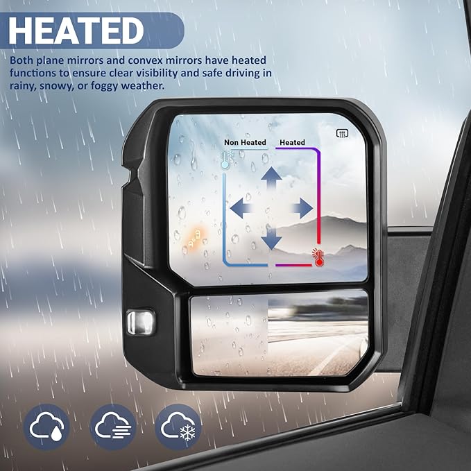 Towing Mirror Compatible with 2022-2025 Tundra with Blind Spot Monitoring Power Adjusted Heated Glass Turn Signal Backup Lamp Manual Telescoping & Folding Pair