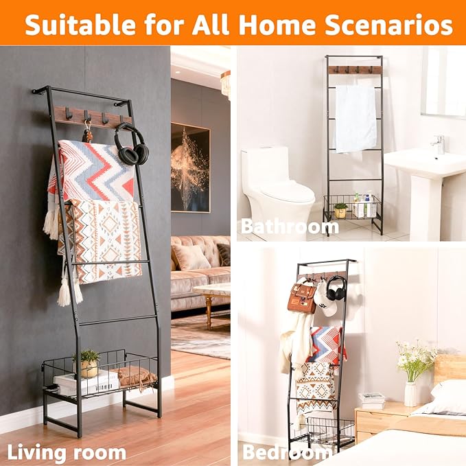 Metal Blanket Ladder with Basket, 5 Tier Rustic Blanket Rack with Hooks for Living Room, Bedroom, Farmhouse Decor – 5.2ft Wal