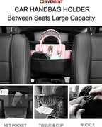 Car Handbag Holder Between Seats with Multi-Pocket Large Capacity Storage Bag, Pet Kids Barrier, Driver Storage Pouch for Handbag Cup