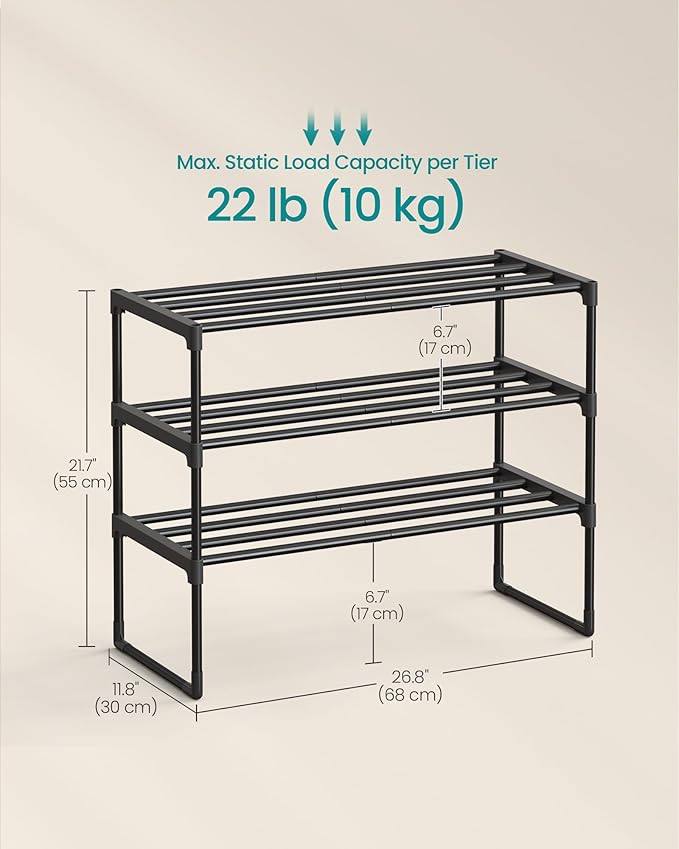 SONGMICS Shoe Rack, 3-Tier Shoe Organizer, Metal Storage Shelf, Upright or Upside Down, for 8-12 Pairs, Stackable, for Entryw