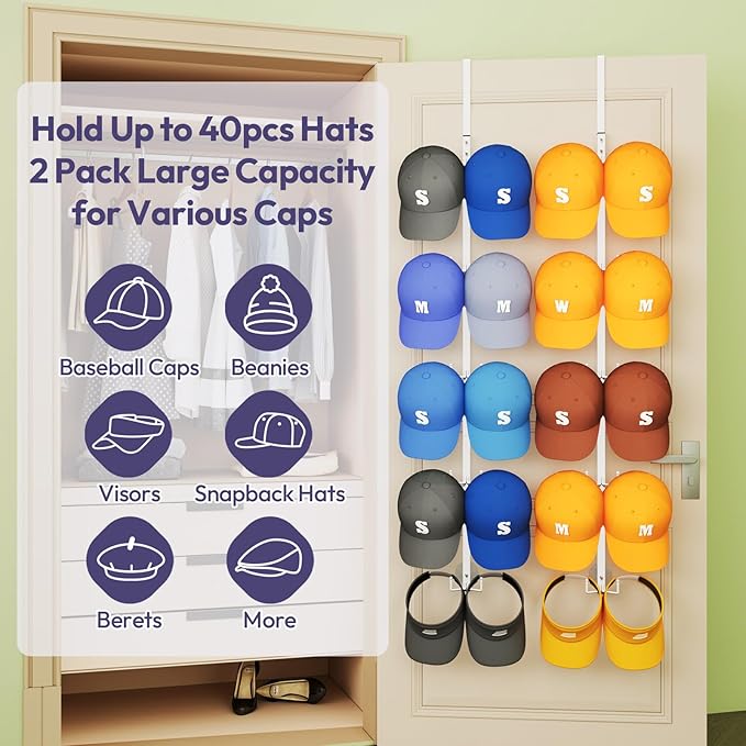 SWTYMIKI Over Door Hat Organizer - 2 Packs Metal Wall Mounted Hat Rack with 5-Tier Dual Hooks Design, Hanging Baseball Cap Or