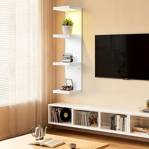 LinTimes 4-Tier LED Wall Shelf with Remote Control, White Floating Shelves Unit, Wall Mounted Display Storage