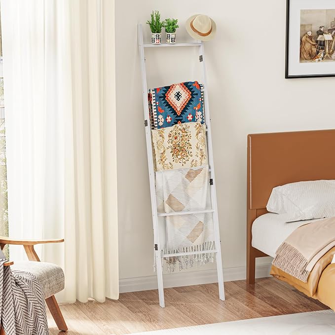 BAMBANG 6-Tier Blanket Ladder for Living Room, Blanket Quilt Ladder Rack Rustic Decorative Towel Holder, Wall Leaning Blanket