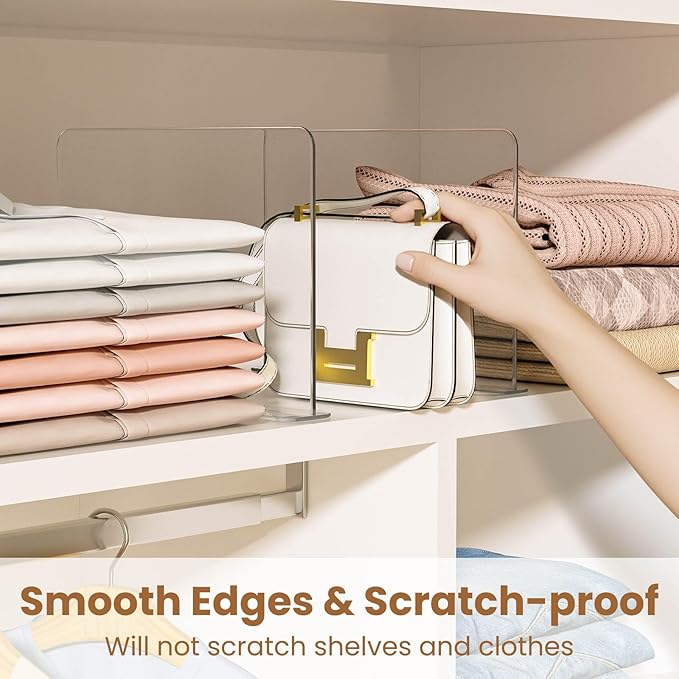 Purse Organizer for Closet Shelf Dividers: 4 Pack Acrylic Clear T-shaped Vertical Shelves Separators - Durable Space Saver Ea