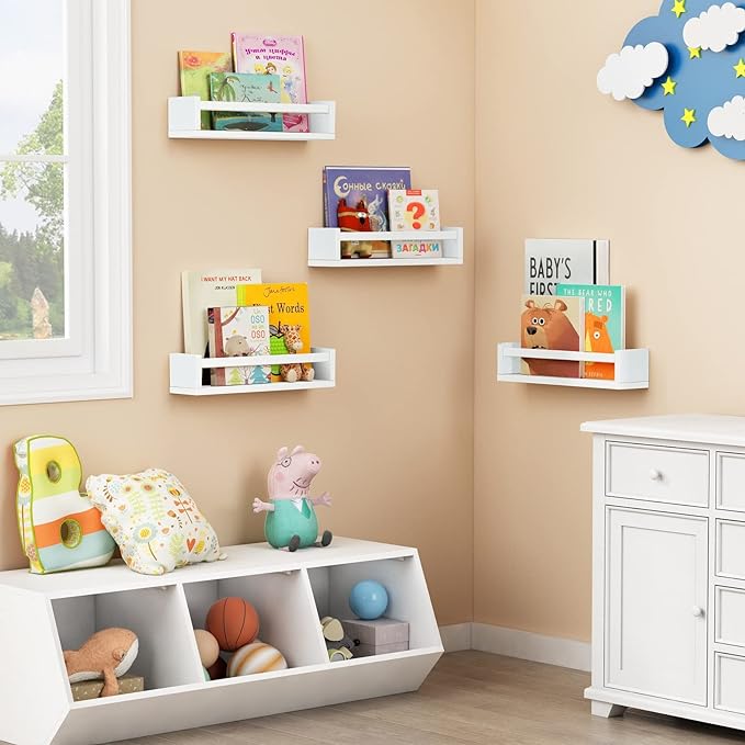 Forbena Floating Nursery Book Shelves for Wall Set of 4, White Wall Bookshelf for Kids Room, Small Wood Book Shelf Bookshelve