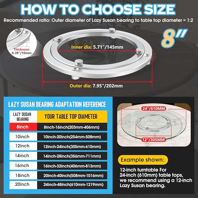 Lazy Susan Hardware,8 inch Heavy Duty Lazy Susan Bearing Kit,Rotating Serving Turntable for Aluminium Alloy Turntable Bearing