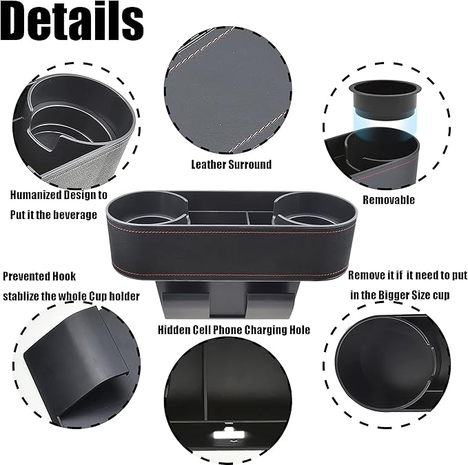 Iokone Coin Side Pocket Console Side Pocket Leather Cover Car Cup Holder Auto Front Seat Organizer Cell Mobile Phone Holder (Slim-Black)
