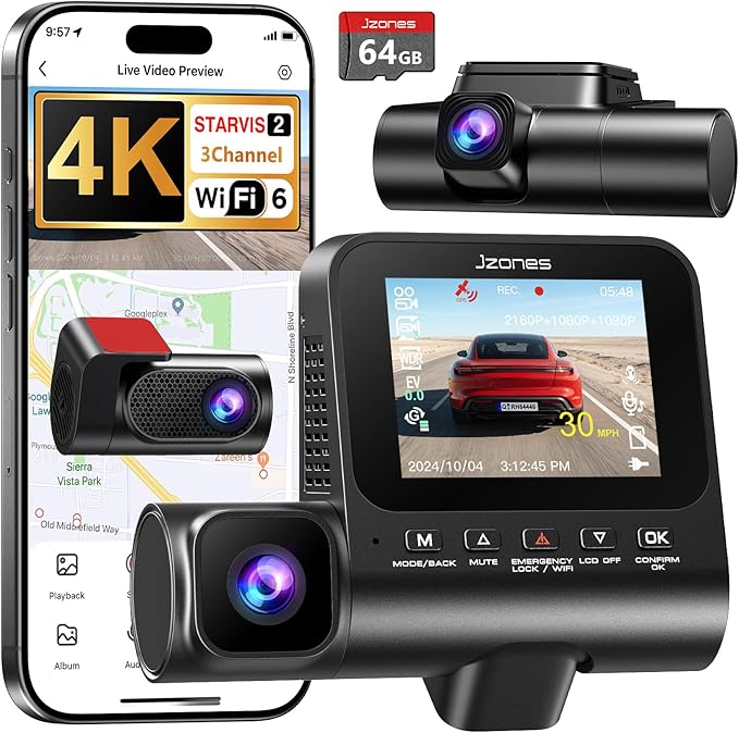 4K 3 Channel Dash Cam Front and Rear, Dash Camera for Cars, STARVIS 2 Sensor Dash Camera with HDR Night Vision, 24H Parking M