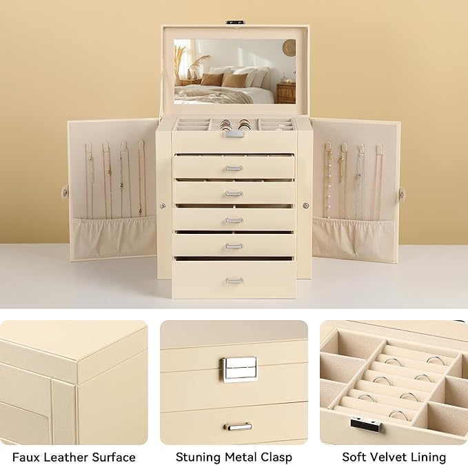 Frebeauty Large Jewelry Box,6-Tier PU Leather Jewelry Organizer,Multi-functional Storage Case with Mirror,Accessories Holder 