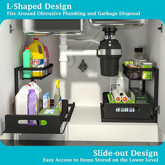 REALINN Under Sink Organizer, L-Shaped 2 Tier Pull Out Cabinet Organizer for Kitchen and Bathroom, Slide Out Under Cabinet St