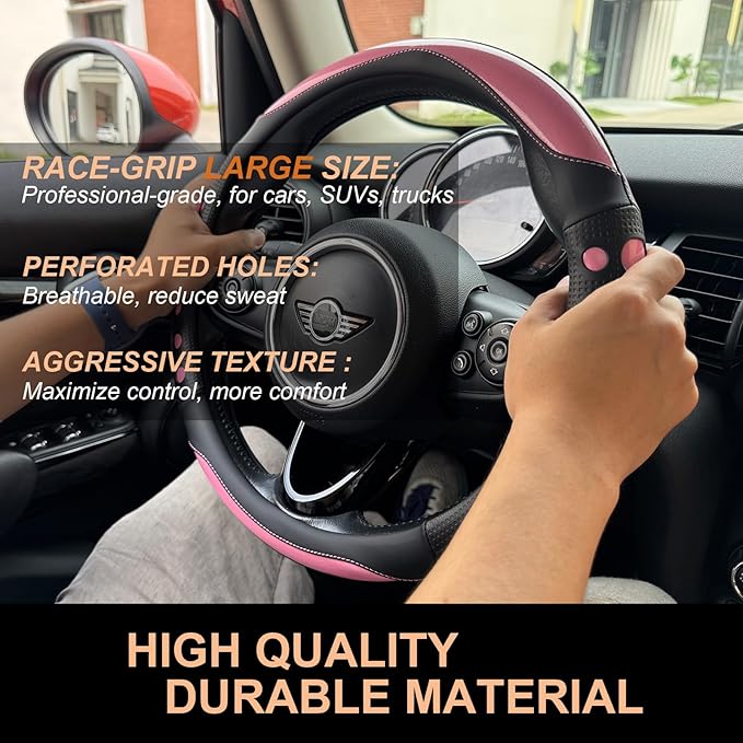 PINCTROT Large Size Race Grip Steering Wheel Cover, Anti-Slip Silicone Perforated Design with Soft Touch Padding, Enhanced Grip for Sporty Driving 15.5-15.75 Inch (Racing Pink)