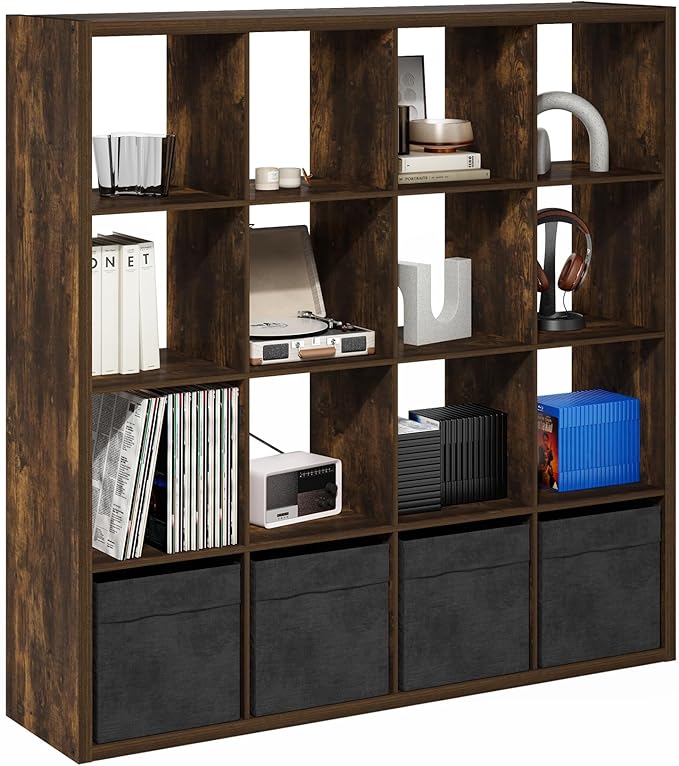 Furinno Cubicle Book Shelf, 16-Cube Bookshelf, Extra Thick Frame Reversible Bookcase with Open Back, 14.6" x 58" x 58", for L