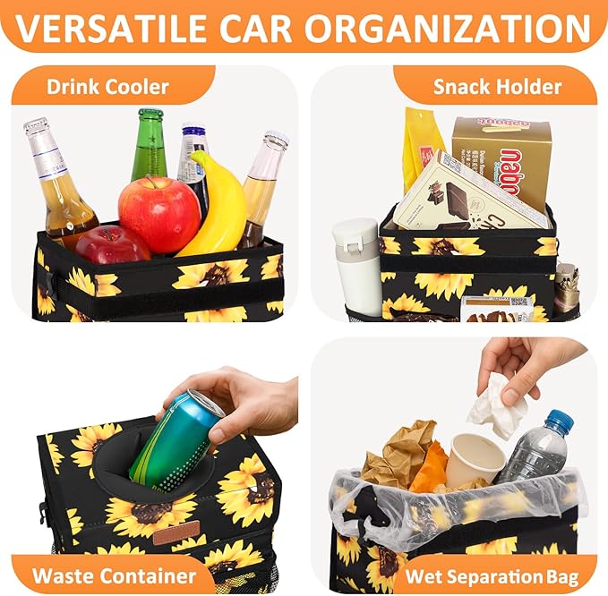 Car Trash Can for Car Cute,Bag Bin Hanging Waterproof Automotive Garbage Cans Leak Proof Vehicle Trash Can Sunflower
