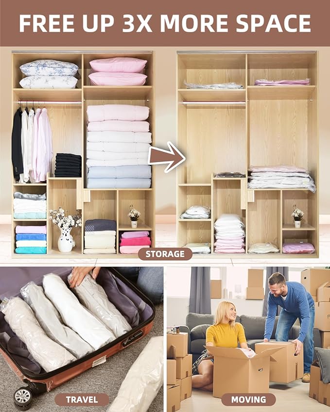 Vacuum Storage Bags for moving, Vacuum Seal Bags for Memory Foam, Latex, Clothing & Bedding, Space Saver Bags for Organizatio