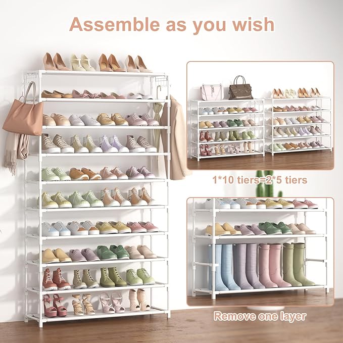 LANTEFUL 10 Tiers Shoe Rack 50 Pairs Large Capacity Tall Shoe Organizer Sturdy Shoe Storage with Two Hooks Space Saving Metal