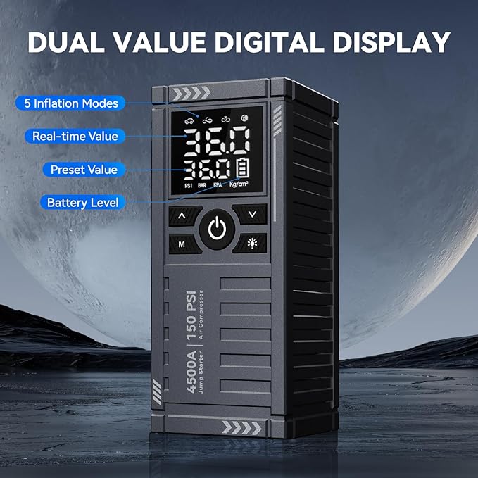 Car Battery Jump Starter with Air Compressor - 4500A 150PSI Portable Car Jump Starters (All Gas/10L Diesel) with Tire