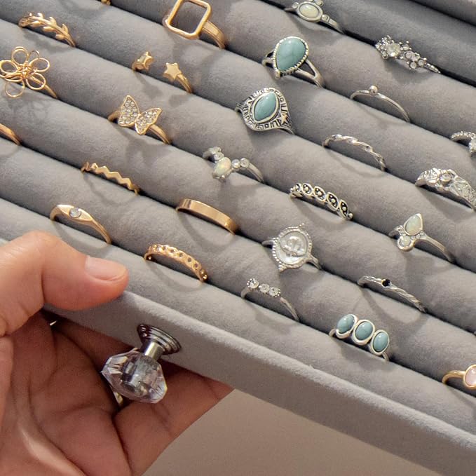 SPAKOWN Ring Box Display Holder, Clear Velvet Jewelry Storage Tray Organizer for Ring Stud Earring (Grey - 5 Drawers)