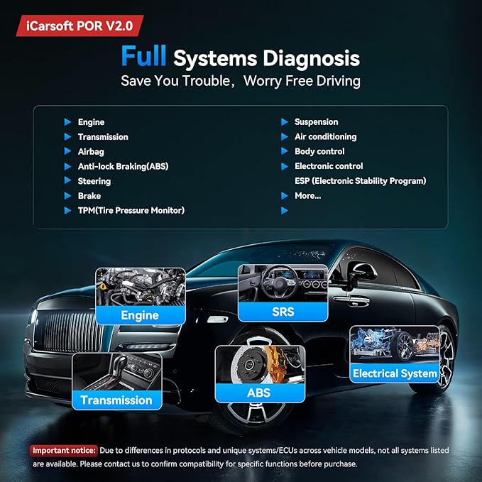 iCarsoft POR V2.0 fit for Porsche/Cayenne/911 Full Systems Diagnostic Scan Tool, OBD2 Scanner with 8 Resets, Live Data, Battery