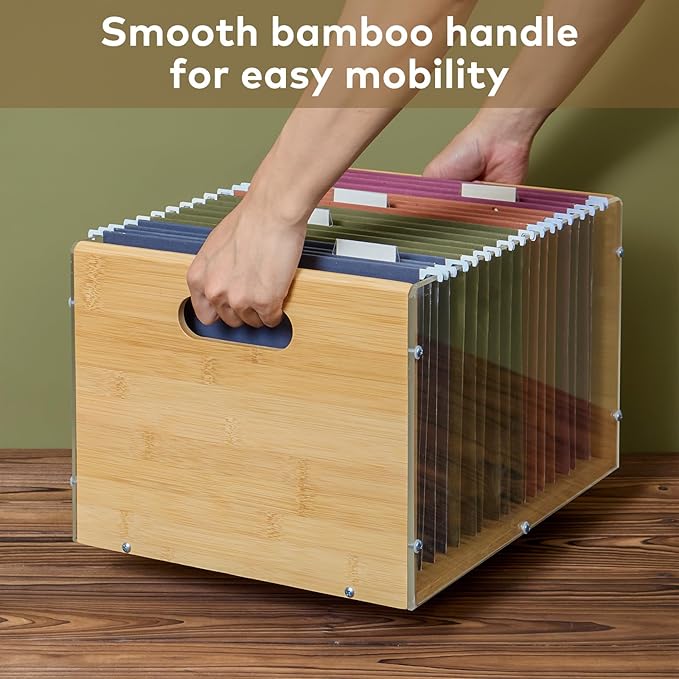 Sbanmao Letter/Legal Bamboo Acrylic File Box Organizer, Hanging File Folder Storage Boxes, Decorative Document Crate Transpar