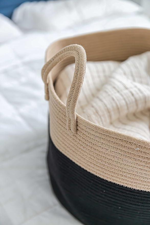 OrganiHaus Large Woven Storage Basket for Blankets and Toys 20" x 13" Inch, Rope Laundry Basket with Handles, Cushions & Pill