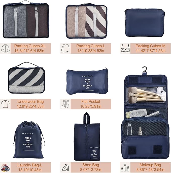 8 Set Compression Packing Cubes for Travel Essentials,Suitcase Organizer Bags, Carry-On Luggage Accessories with Laundry & To