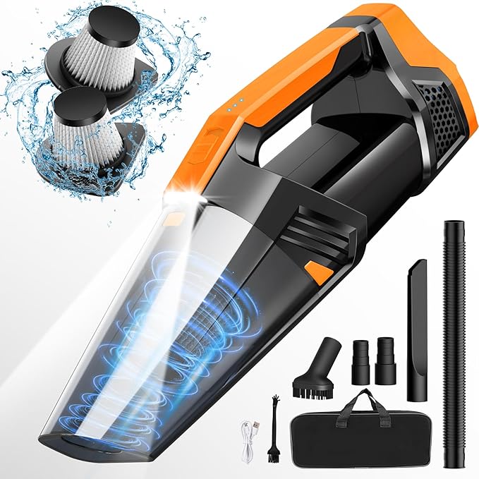 Car Vacuum Portable with LED Light, High Power Suction, Lightweight Rechargeable Hand Vacuum, Hand Held Vacuum Cleaner for Ca